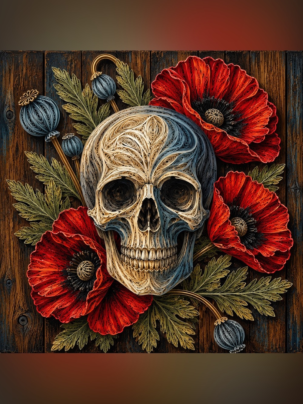 8x8 Black Framed Skull & Red Poppy Wall Art Print